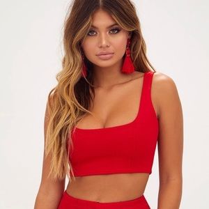 Red Square Neck Zip Back Crop Top